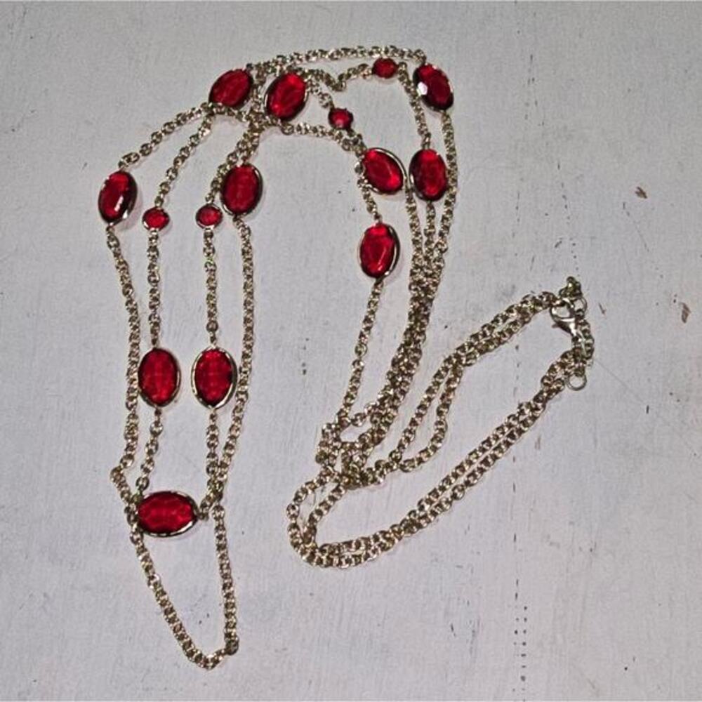 Long Ruby Red Station Necklace Gold Tone Layered Oval Faceted Stone 36 Inch